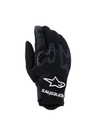 Alpinestars Manti Air Gloves, Motorcycle Riding Gloves, Black, featuring breathable mesh and textured honeycomb knuckle protection, white Alpinestars logo and text on the wrist, lightweight design for summer adventure riding