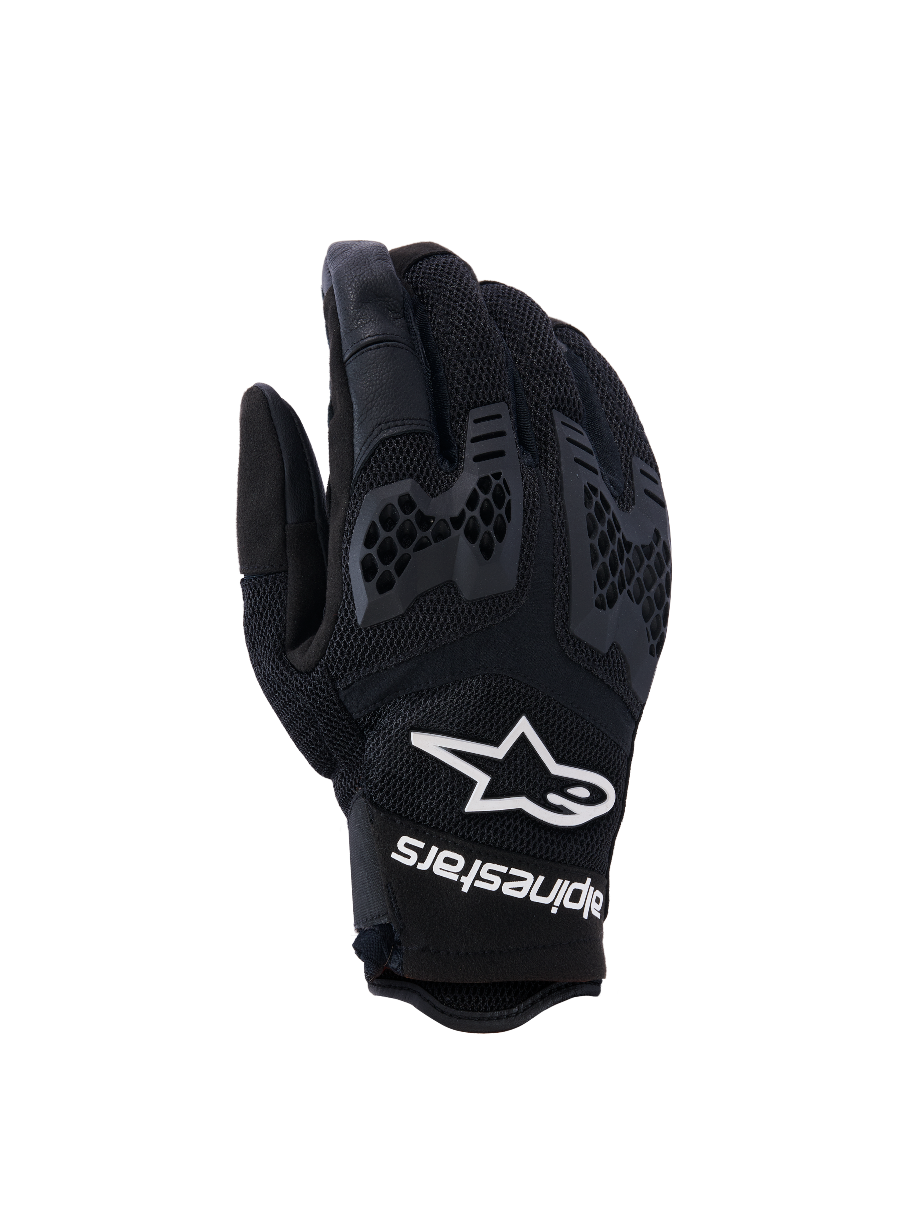 Alpinestars Manti Air Gloves, Motorcycle Riding Gloves, Black, featuring breathable mesh and textured honeycomb knuckle protection, white Alpinestars logo and text on the wrist, lightweight design for summer adventure riding