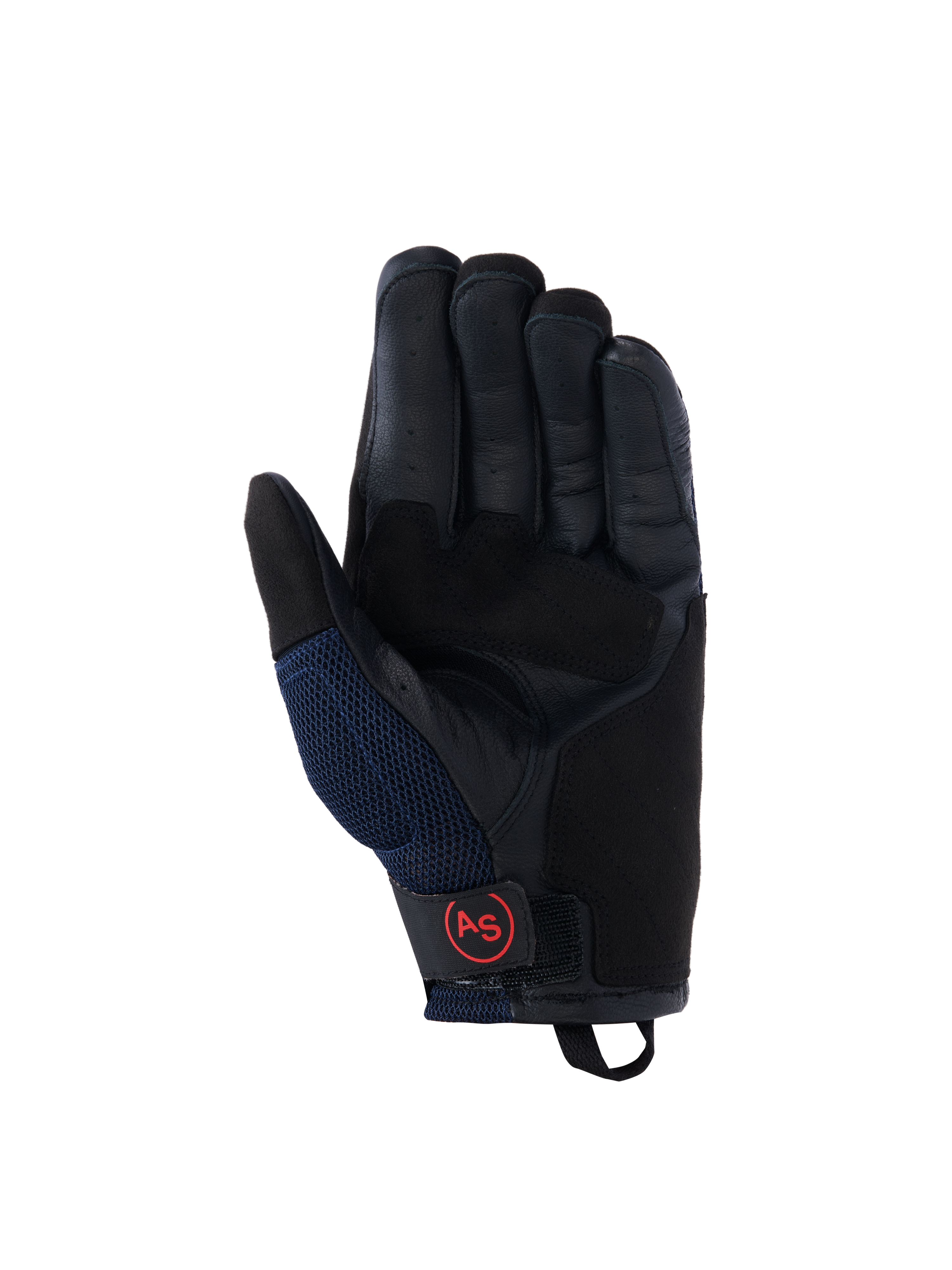 Alpinestars Manti Air Gloves, Motorcycle Gloves, Deep Blue and Black, leather palm view with perforated fingers, mesh side panels, and red circular AS logo on the wrist strap, adventure riding gear