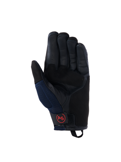 Alpinestars Manti Air Gloves, Motorcycle Gloves, Deep Blue and Black, leather palm view with perforated fingers, mesh side panels, and red circular AS logo on the wrist strap, adventure riding gear