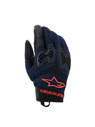 Alpinestars Manti Air Gloves, Motorcycle Riding Gloves, Deep Blue and Black with Red Fluo accents, featuring breathable mesh construction and honeycomb TPU knuckle protection, Alpinestars star logo and branding on the wrist, designed for summer adventure riding
