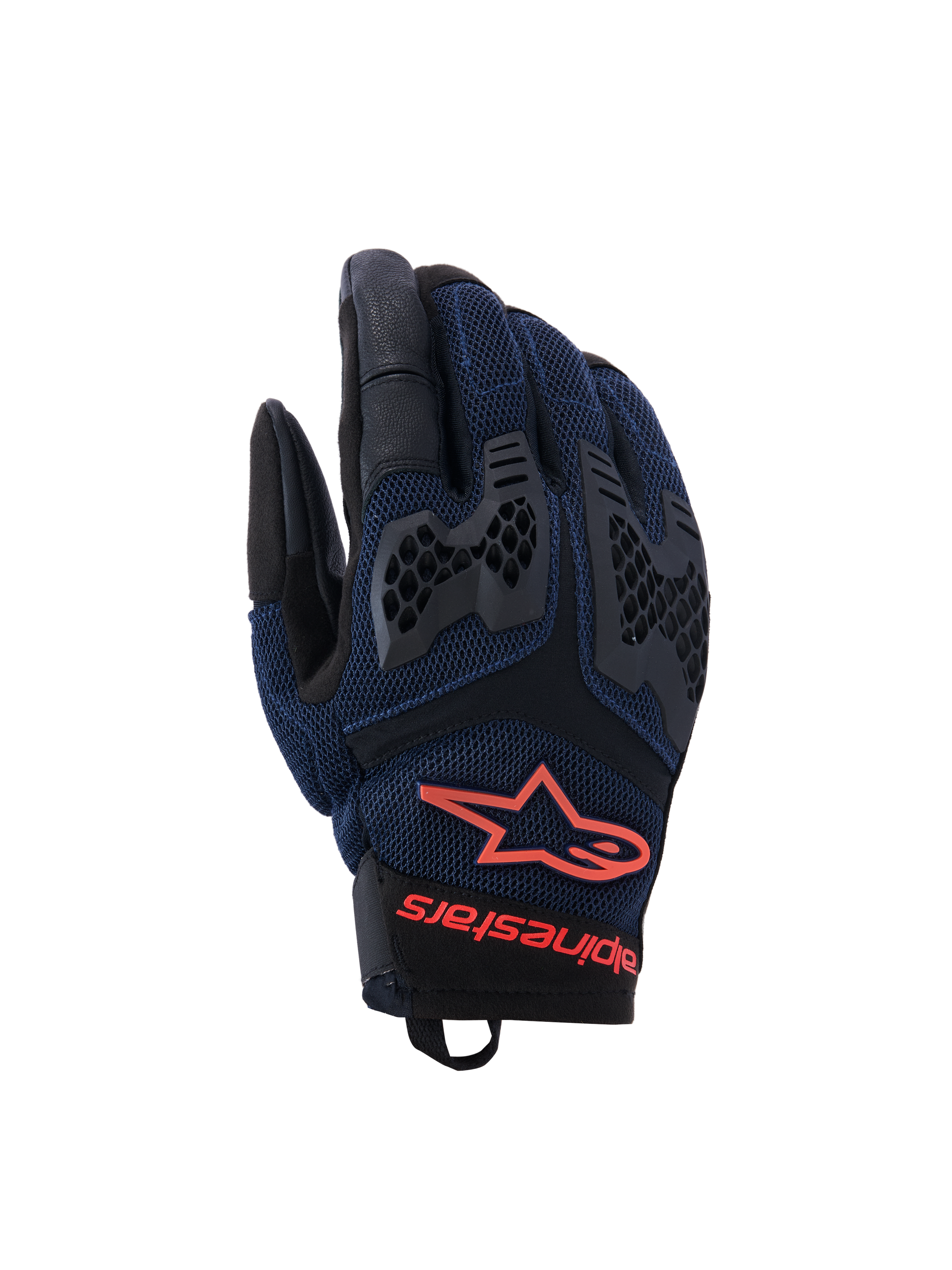 Alpinestars Manti Air Gloves, Motorcycle Riding Gloves, Deep Blue and Black with Red Fluo accents, featuring breathable mesh construction and honeycomb TPU knuckle protection, Alpinestars star logo and branding on the wrist, designed for summer adventure riding