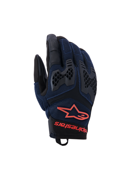 Alpinestars Manti Air Gloves, Motorcycle Riding Gloves, Deep Blue and Black with Red Fluo accents, featuring breathable mesh construction and honeycomb TPU knuckle protection, Alpinestars star logo and branding on the wrist, designed for summer adventure riding