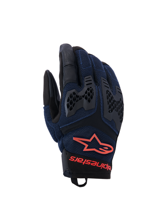 Alpinestars Manti Air Gloves, Motorcycle Riding Gloves, Deep Blue and Black with Red Fluo accents, featuring breathable mesh construction and honeycomb TPU knuckle protection, Alpinestars star logo and branding on the wrist, designed for summer adventure riding