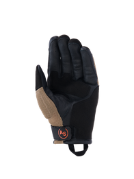 Alpinestars Manti Air Gloves, Motorcycle Gloves, Dark Khaki and Black with Orange Fluo accents, palm view featuring synthetic suede construction, external seams, breathable mesh inserts, and a black wrist strap with a circular orange AS logo.