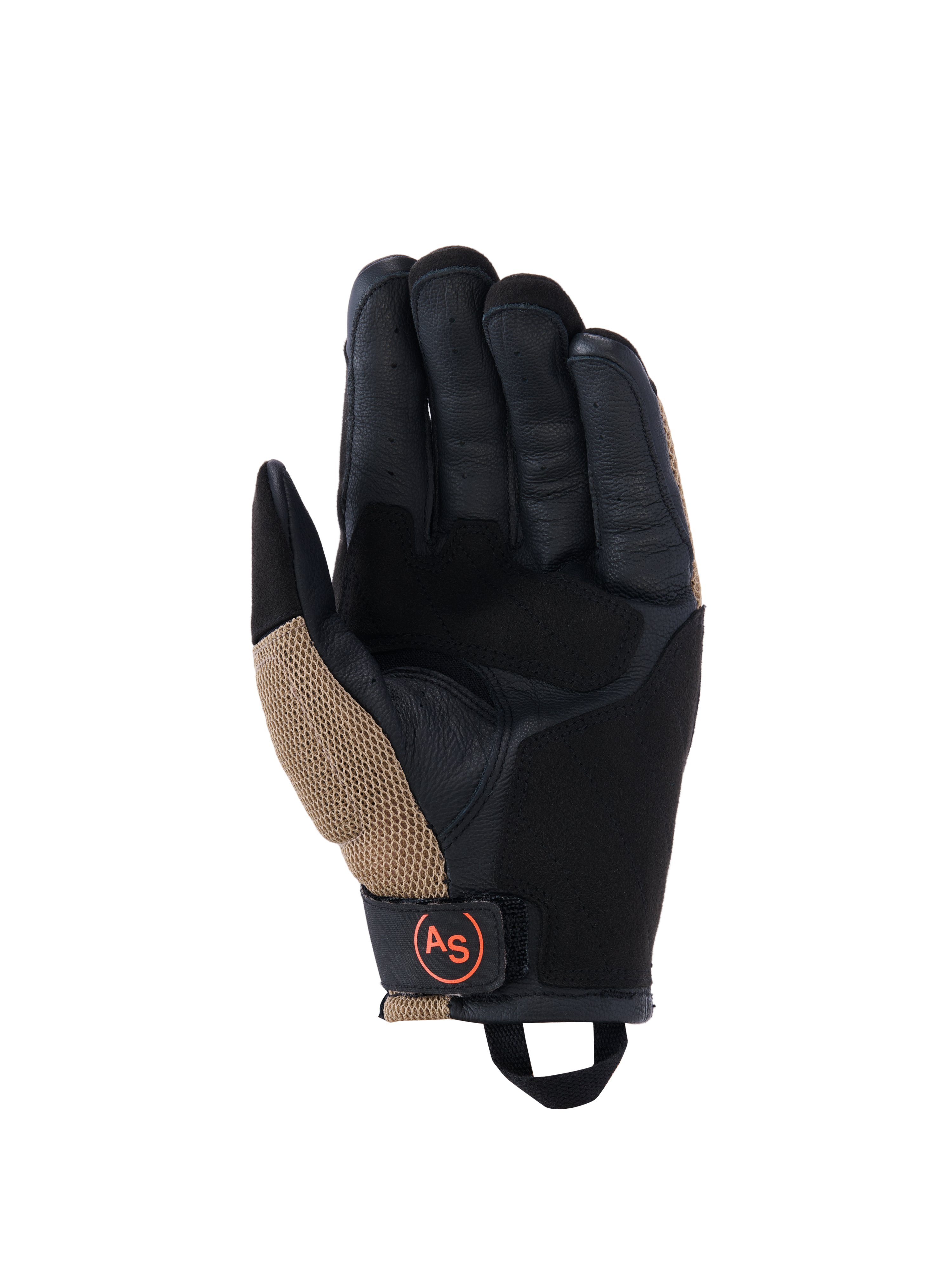 Alpinestars Manti Air Gloves, Motorcycle Gloves, Dark Khaki and Black with Orange Fluo accents, palm view featuring synthetic suede construction, external seams, breathable mesh inserts, and a black wrist strap with a circular orange AS logo.