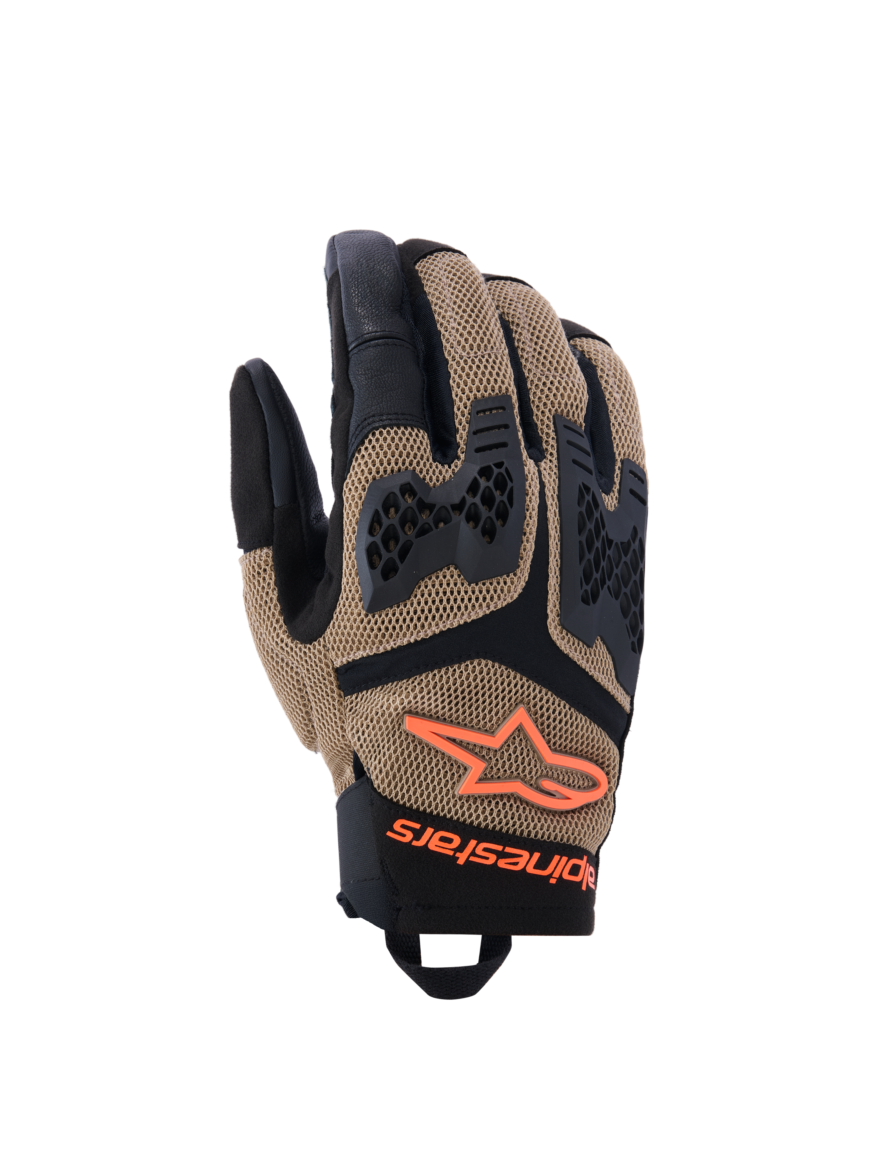 Alpinestars Manti Air Gloves, Motorcycle Gloves, Dark Khaki and Black with Orange Fluo accents, featuring 3D stretch mesh construction, injected knuckle protection with perforated design, orange star logo, and secure wrist closure, designed for summer adventure and road riding