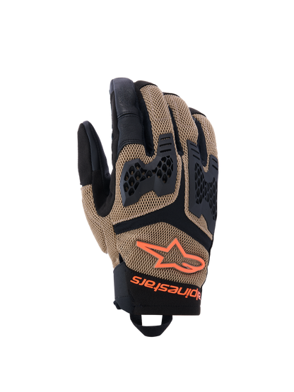 Alpinestars Manti Air Gloves, Motorcycle Gloves, Dark Khaki and Black with Orange Fluo accents, featuring 3D stretch mesh construction, injected knuckle protection with perforated design, orange star logo, and secure wrist closure, designed for summer adventure and road riding