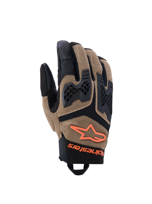 Alpinestars Manti Air Gloves, Motorcycle Gloves, Dark Khaki and Black with Orange Fluo accents, featuring 3D stretch mesh construction, injected knuckle protection with perforated design, orange star logo, and secure wrist closure, designed for summer adventure and road riding