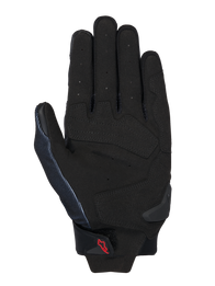 Alpinestars MM93 Spx 1 Gloves, Black, palm view showing synthetic leather construction with reinforced strike zones, perforated fingers for ventilation, TPR palm slider, and a small red Alpinestars logo on the wrist strap.
