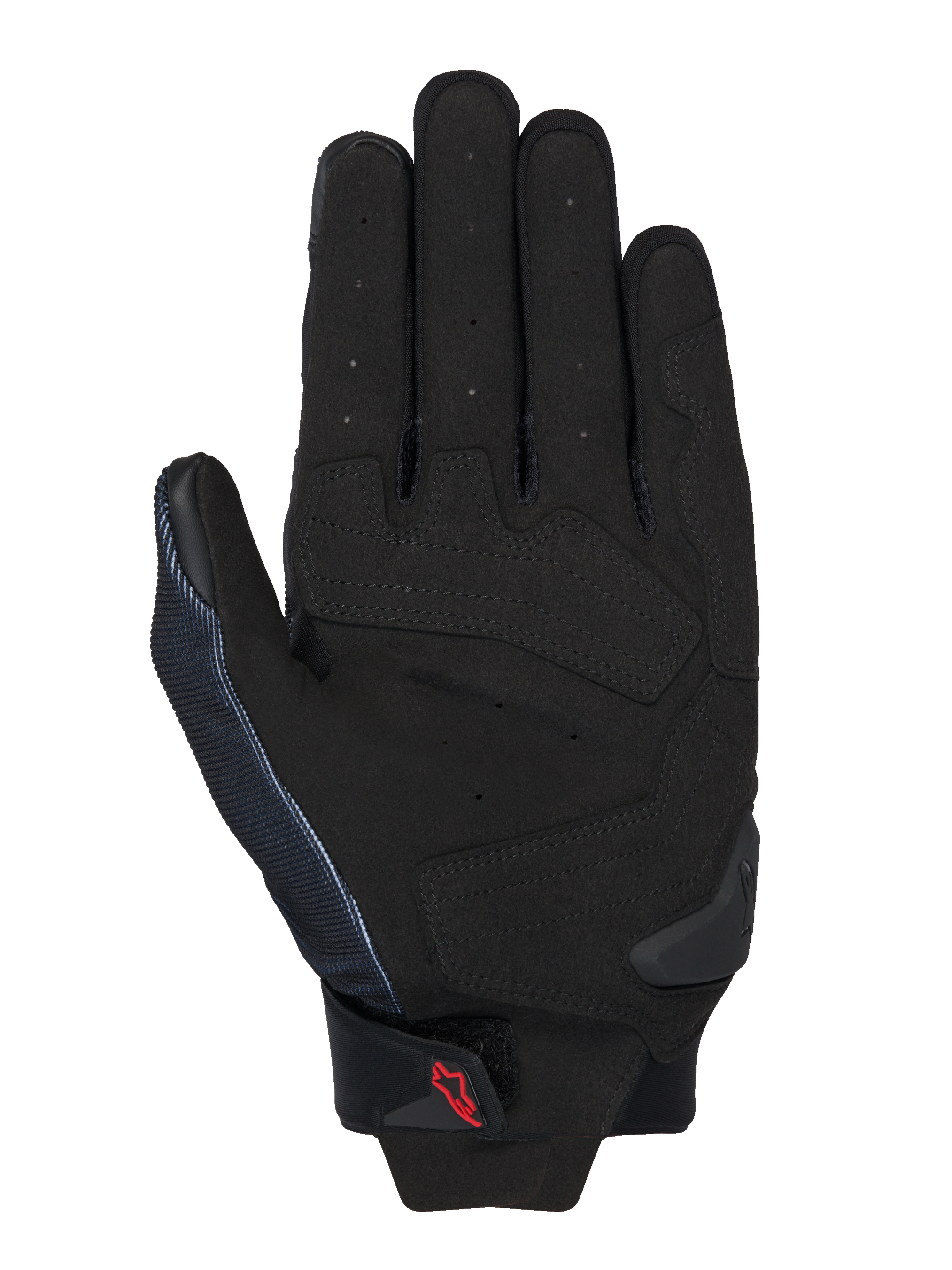 Alpinestars MM93 Spx 1 Gloves, Black, palm view showing synthetic leather construction with reinforced strike zones, perforated fingers for ventilation, TPR palm slider, and a small red Alpinestars logo on the wrist strap.