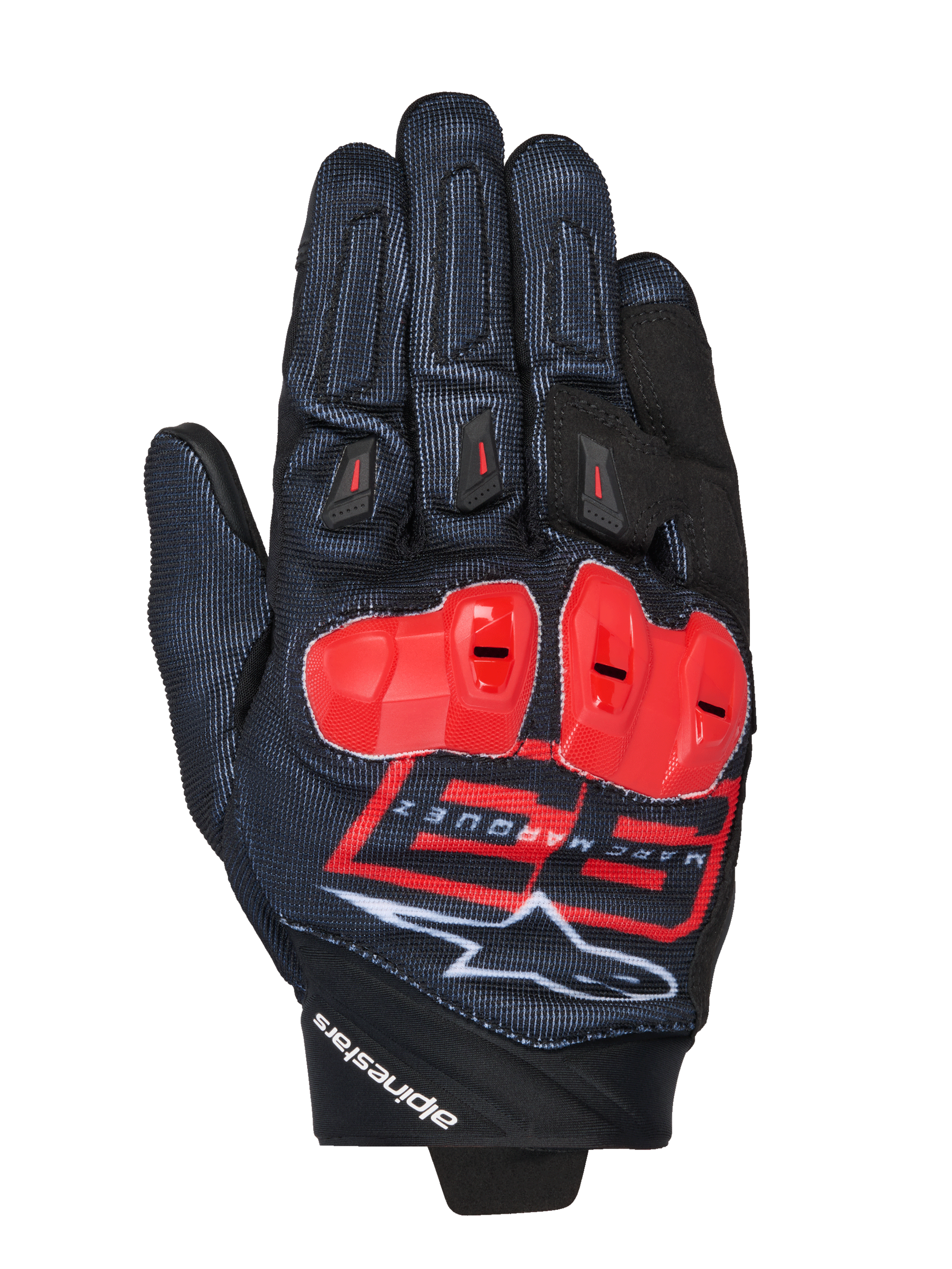 MM93 Spx 1 Gloves, Motorcycle Racing Gloves, Black with Bright Red and White accents, Red protective knuckle guards, featuring the Marc Marquez 93 logo and Alpinestars branding, textured fabric with a sporty performance design