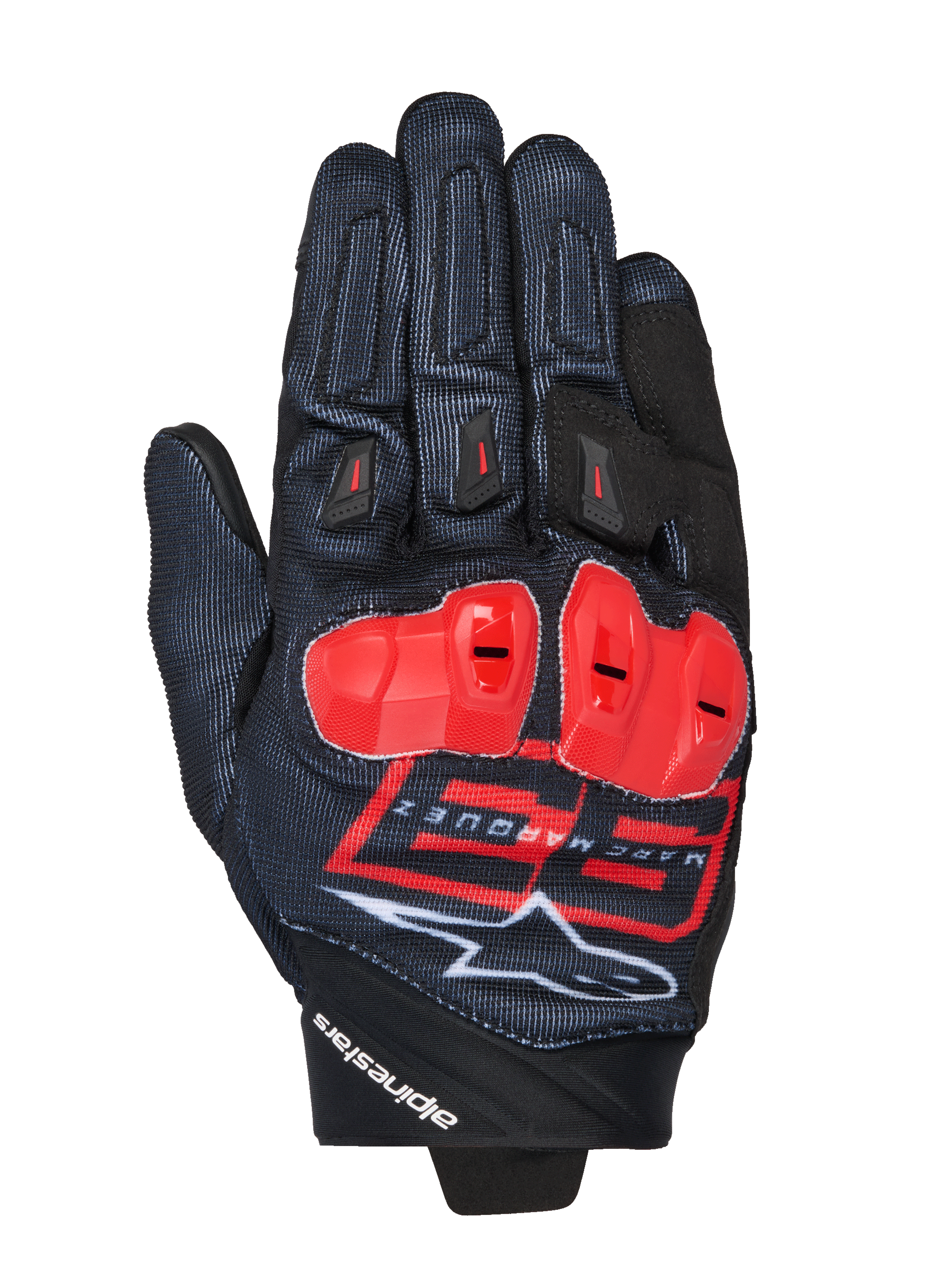 MM93 Spx 1 Gloves, Motorcycle Racing Gloves, Black with Bright Red and White accents, Red protective knuckle guards, featuring the Marc Marquez 93 logo and Alpinestars branding, textured fabric with a sporty performance design