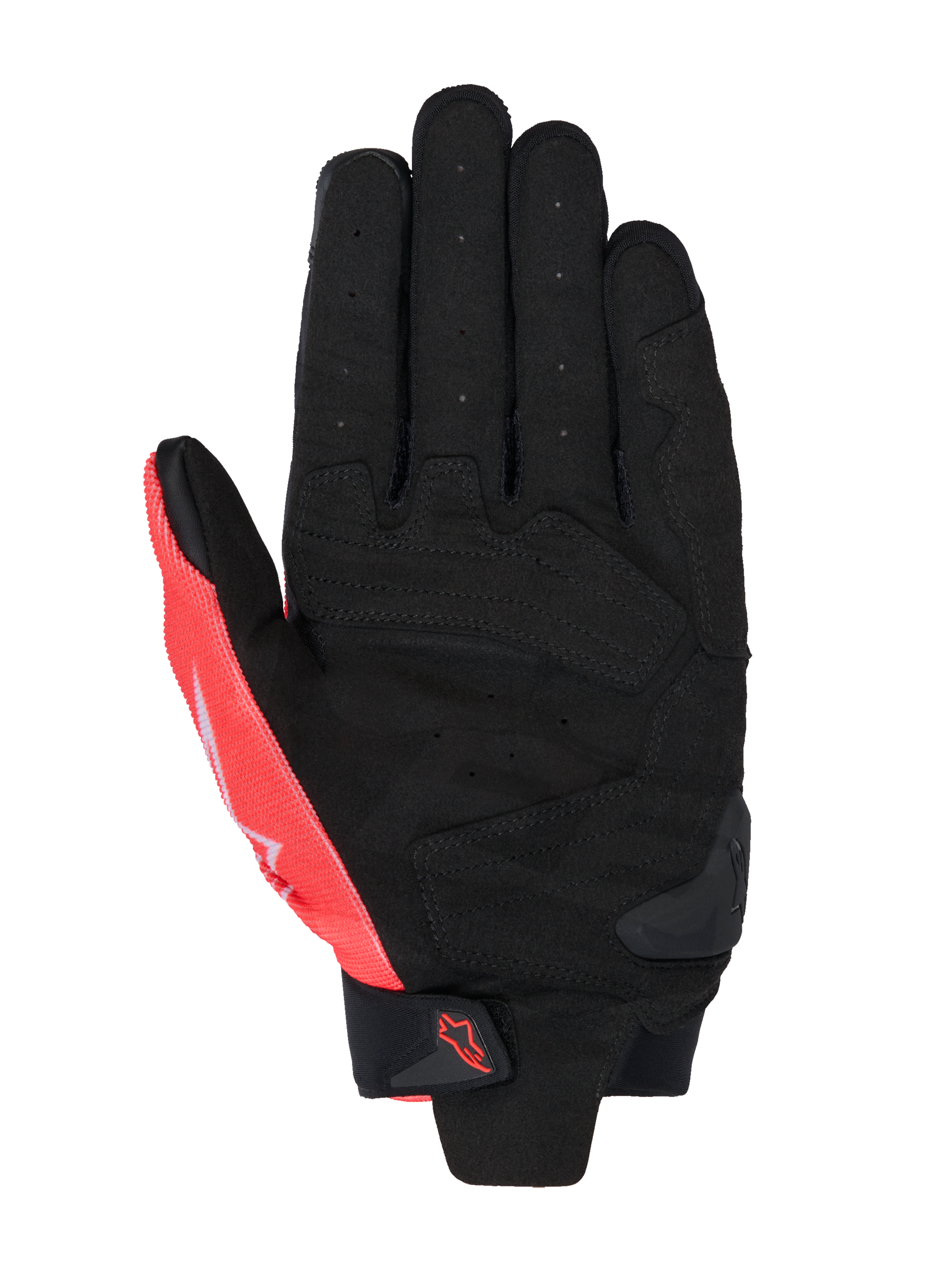 Alpinestars MM93 SP X 1 Gloves, palm view, Black and Red Fluo, synthetic leather construction with perforated palm, reinforced sections, TPR slider on the palm, and velcro wrist strap with Alpinestars logo.