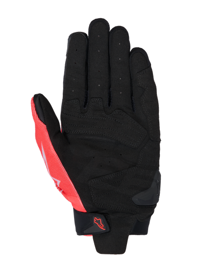 Alpinestars MM93 SP X 1 Gloves, palm view, Black and Red Fluo, synthetic leather construction with perforated palm, reinforced sections, TPR slider on the palm, and velcro wrist strap with Alpinestars logo.