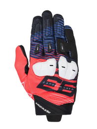Alpinestars MM93 Spx 1 Gloves, Motorcycle Racing Gloves, Red Blue and Black, featuring White knuckle protection, prominent 93 Marc Marquez graphic, textured textile with black finger sliders, sporty racing design with Alpinestars branding on the wrist