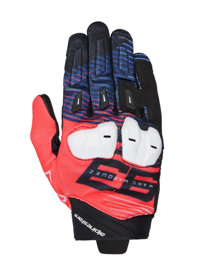 Alpinestars MM93 Spx 1 Gloves, Motorcycle Racing Gloves, Red Blue and Black, featuring White knuckle protection, prominent 93 Marc Marquez graphic, textured textile with black finger sliders, sporty racing design with Alpinestars branding on the wrist