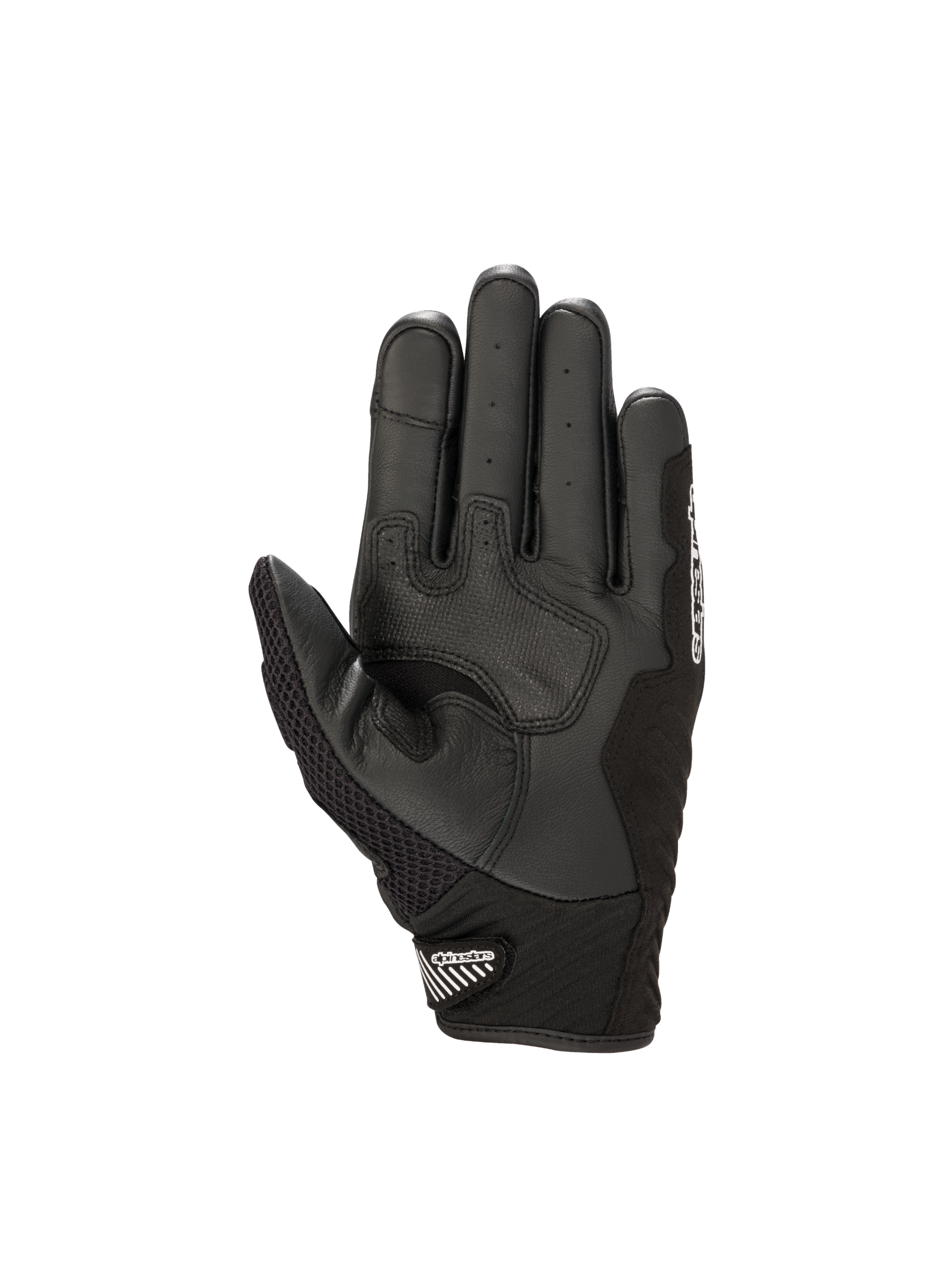 Alpinestars SMX-1 Air V2 motorcycle gloves in black leather with a reinforced palm and mesh thumb for urban riding.