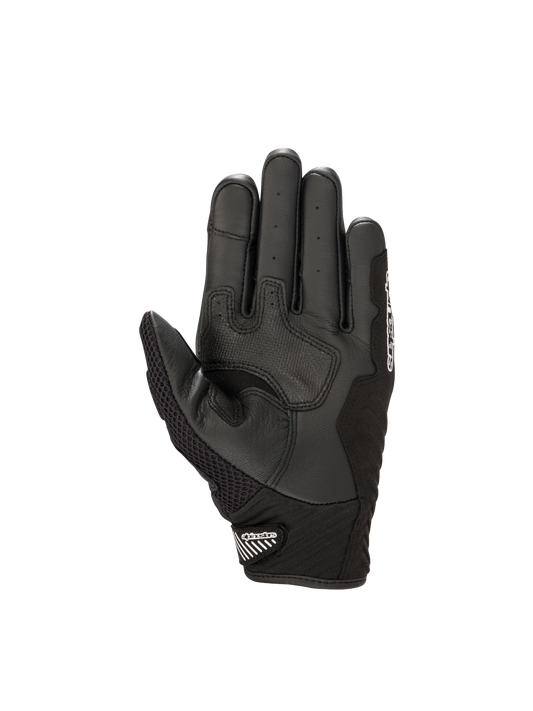 Alpinestars SMX-1 Air V2 motorcycle gloves in black leather with a reinforced palm and mesh thumb for urban riding.