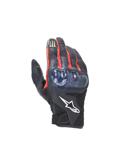 Alpinestars FQ20 SMX-1 Air V2 Monster Gloves, black and blue motorcycle gloves with mesh and hard knuckle protection.