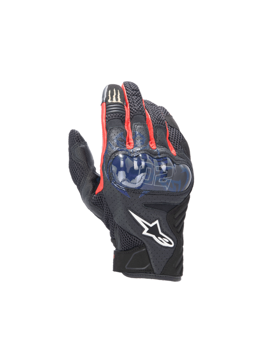 Alpinestars FQ20 SMX-1 Air V2 Monster Gloves, black and blue motorcycle gloves with mesh and hard knuckle protection.