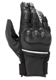 Alpinestars Phenom Leather Air Gloves, short-cuff motorcycle gloves, black with a thin white stripe, featuring perforated goat leather construction, hard knuckle protection, and padded fingers.