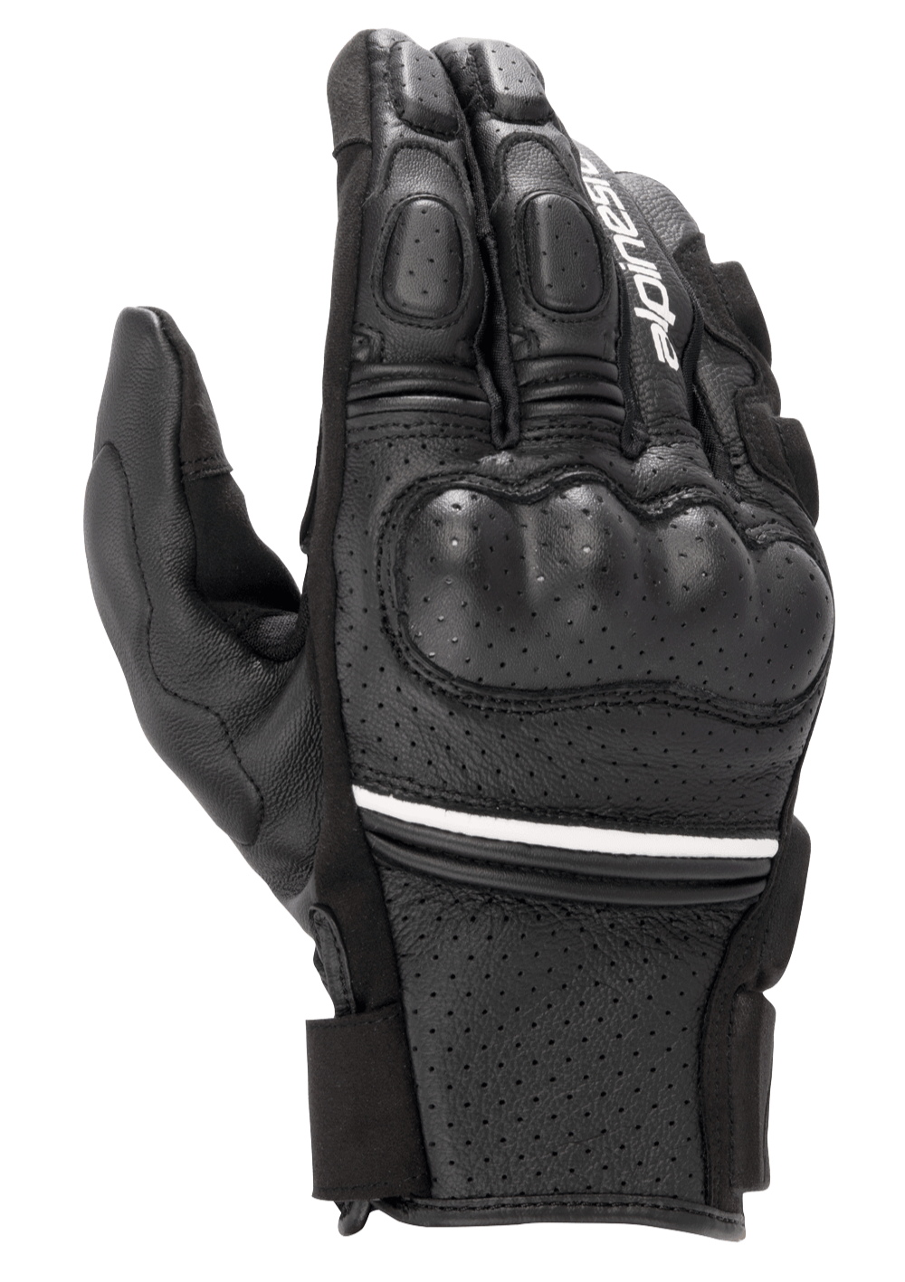 Alpinestars Phenom Leather Air Gloves, short-cuff motorcycle gloves, black with a thin white stripe, featuring perforated goat leather construction, hard knuckle protection, and padded fingers.
