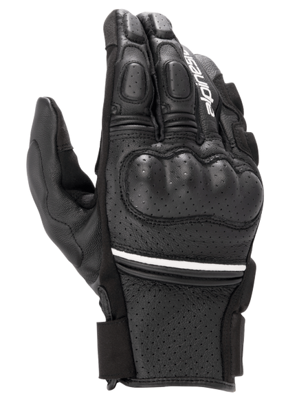 Alpinestars Phenom Leather Air Gloves, short-cuff motorcycle gloves, black with a thin white stripe, featuring perforated goat leather construction, hard knuckle protection, and padded fingers.
