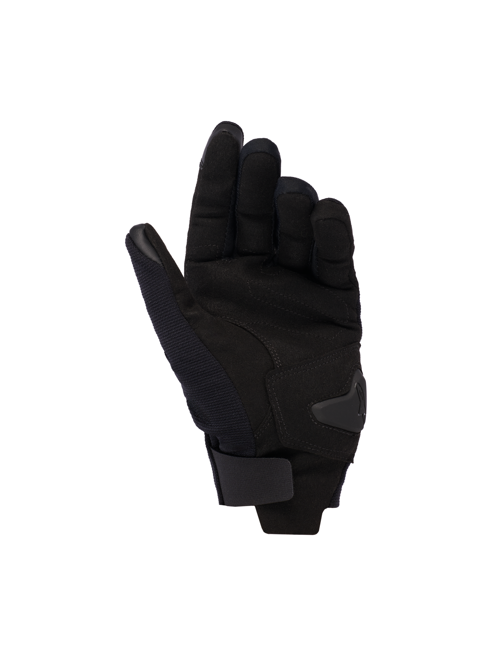 Alpinestars Reef Women's V2 Gloves, Black, palm view showing synthetic suede material, padded reinforcement, and hook-and-loop wrist strap, short cuff urban motorcycle gloves