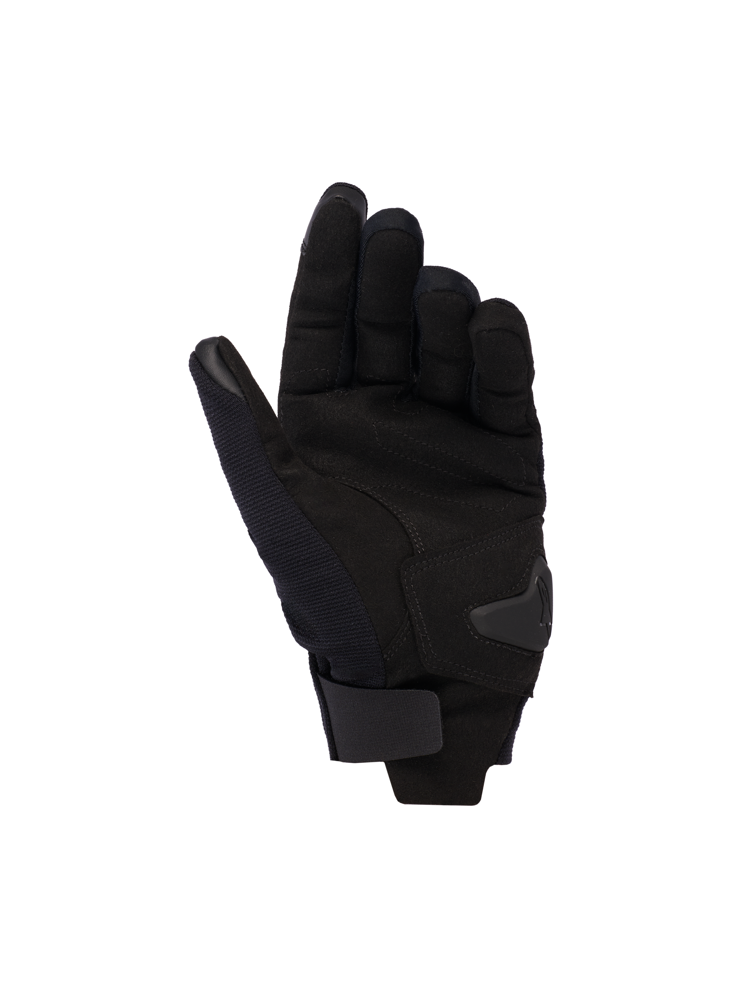 Alpinestars Reef Women's V2 Gloves, Black, palm view showing synthetic suede material, padded reinforcement, and hook-and-loop wrist strap, short cuff urban motorcycle gloves