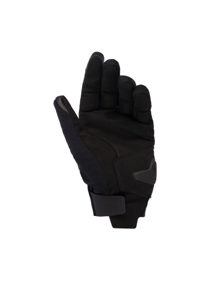 Alpinestars Reef Women's V2 Gloves, Black, palm view showing synthetic suede material, padded reinforcement, and hook-and-loop wrist strap, short cuff urban motorcycle gloves