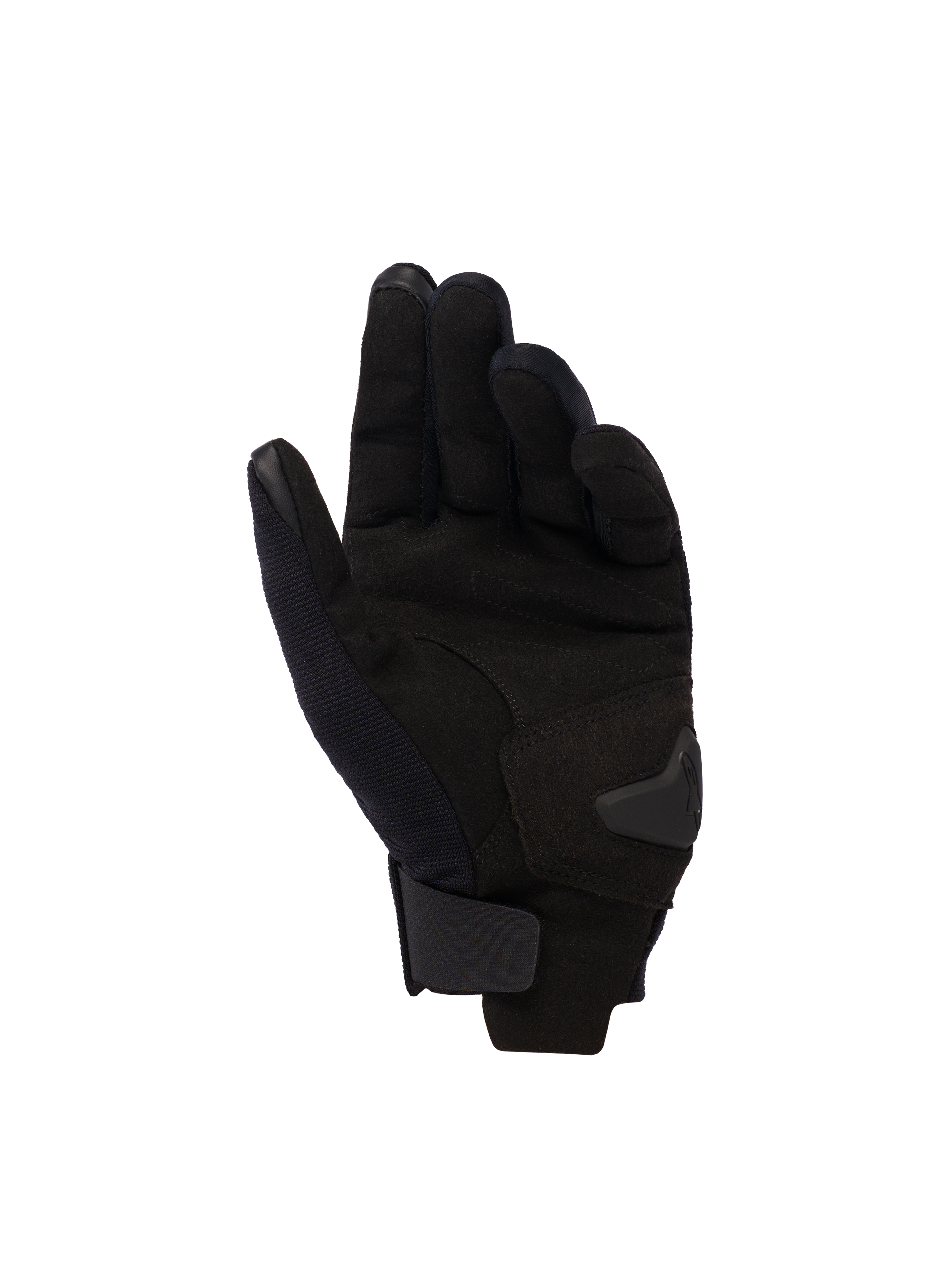 Alpinestars Reef Women's V2 Gloves, Palm View, Black Hawaiian Ocean, short-cuff women's motorcycle gloves featuring synthetic suede palm, touchscreen-compatible fingertips, and adjustable hook-and-loop wrist closure.