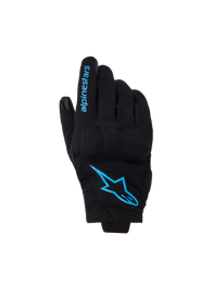 Alpinestars Reef Women's V2 Gloves, short cuff motorcycle gloves, black with bright blue Hawaiian Ocean branding, featuring Alpinestars logo on the backhand and text on the finger, urban riding style.