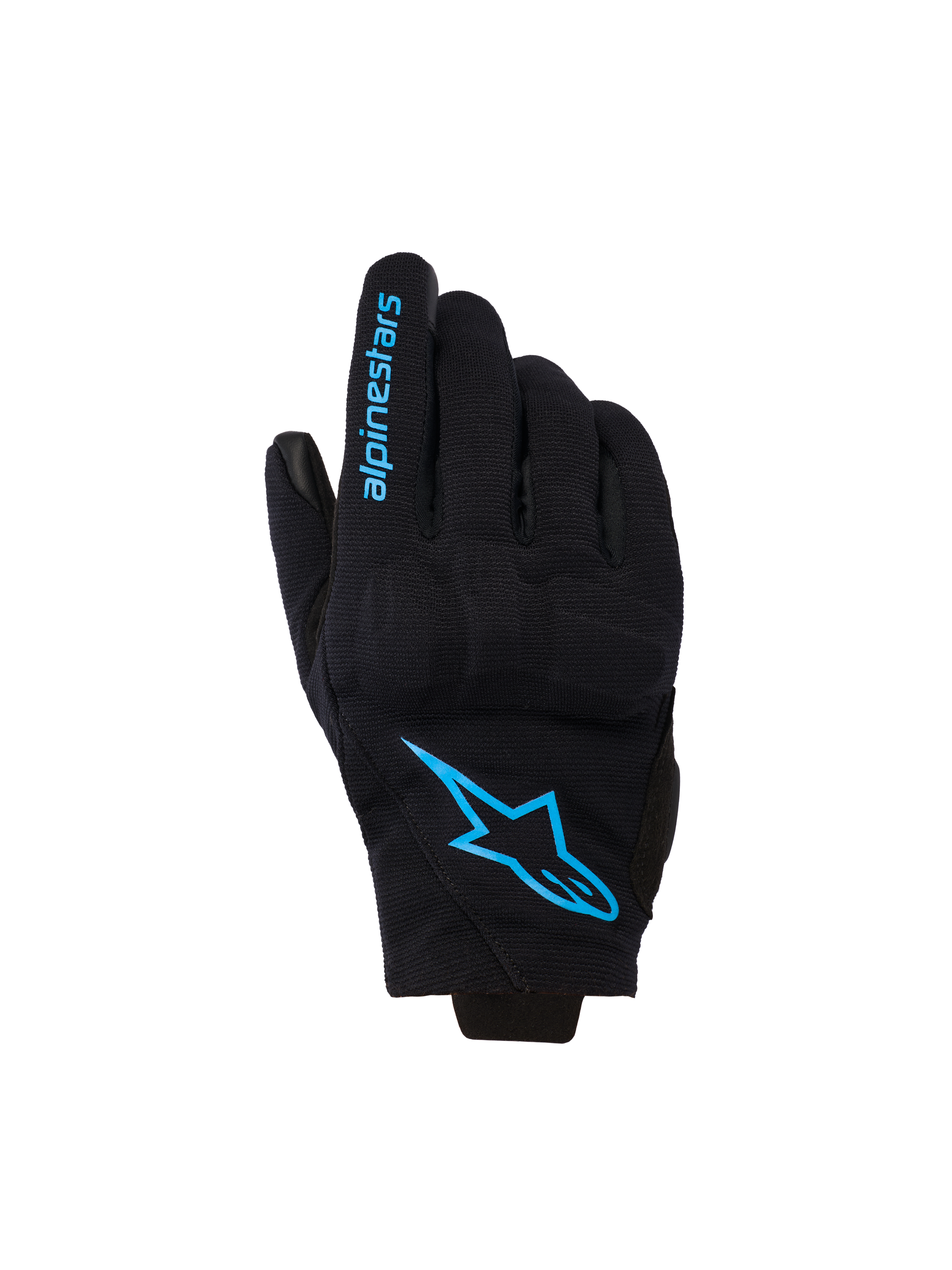 Alpinestars Reef Women's V2 Gloves, short cuff motorcycle gloves, black with bright blue Hawaiian Ocean branding, featuring Alpinestars logo on the backhand and text on the finger, urban riding style.