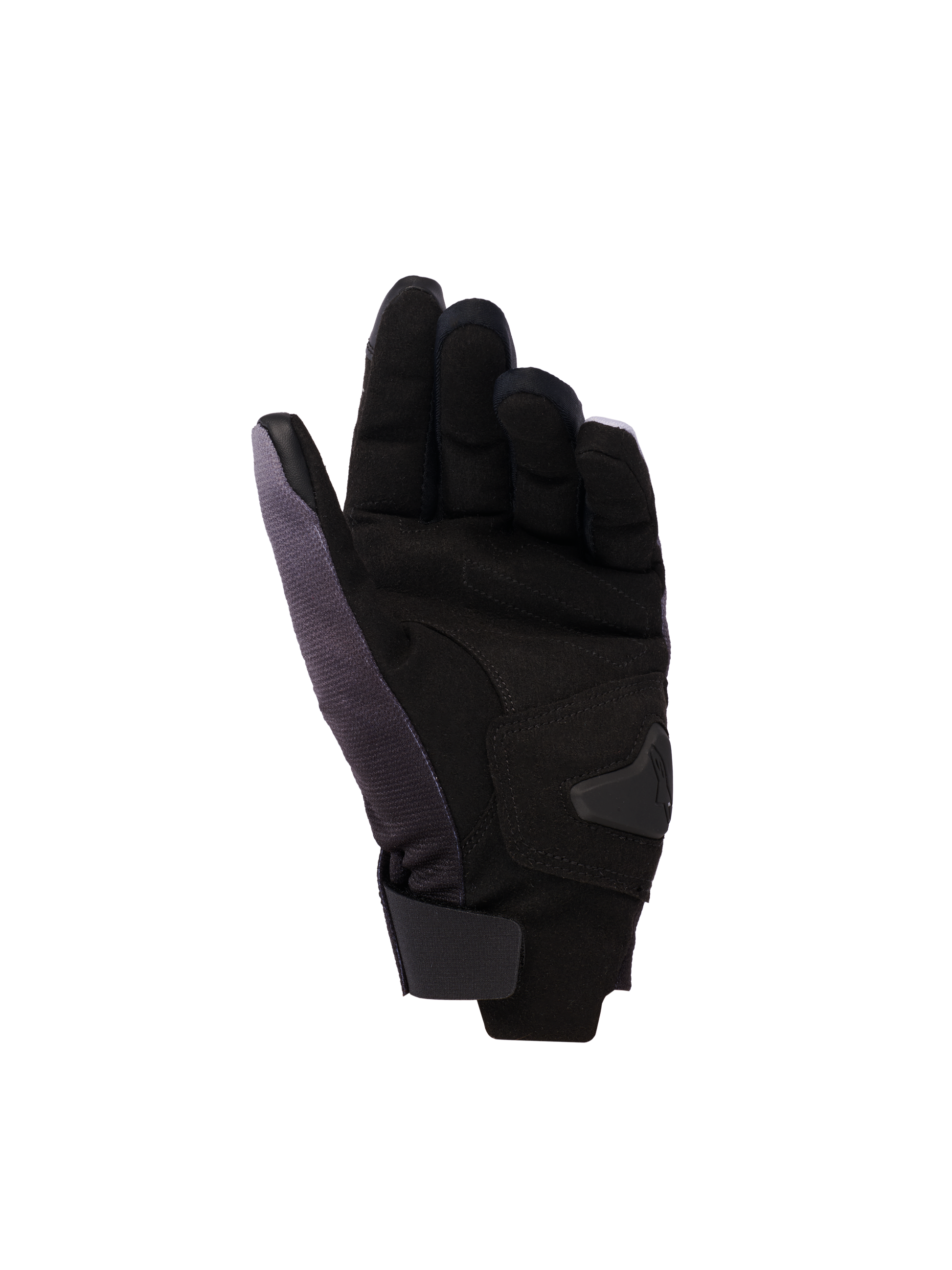 Alpinestars Reef Women's v2 Gloves, Women's Motorcycle Gloves, Gray Black Pink Fluo, palm side view featuring synthetic suede with padded reinforcements, short cuff with hook-and-loop closure, and conductive leather on index and thumb for touchscreen functionality