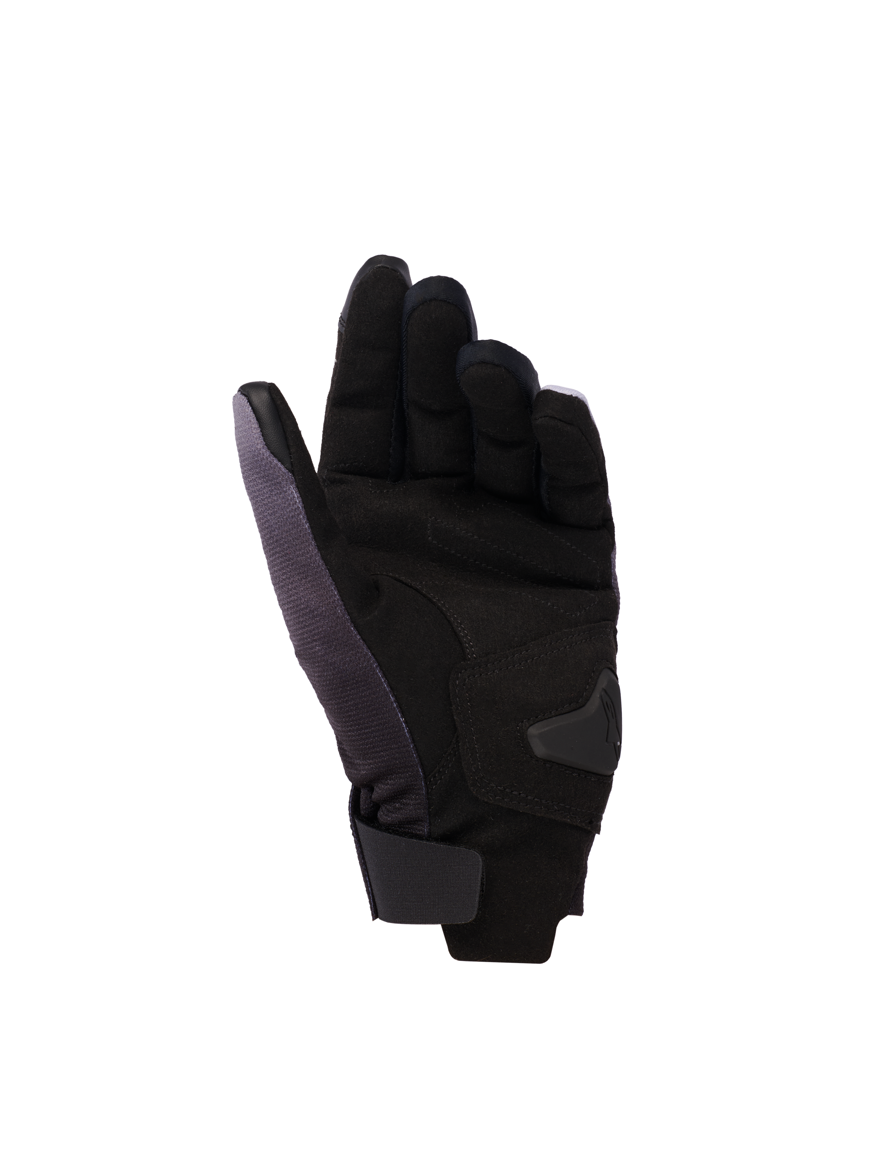 Alpinestars Reef Women's v2 Gloves, Women's Motorcycle Gloves, Gray Black Pink Fluo, palm side view featuring synthetic suede with padded reinforcements, short cuff with hook-and-loop closure, and conductive leather on index and thumb for touchscreen functionality