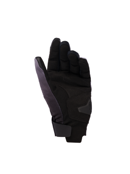 Alpinestars Reef Women's v2 Gloves, Women's Motorcycle Gloves, Gray Black Pink Fluo, palm side view featuring synthetic suede with padded reinforcements, short cuff with hook-and-loop closure, and conductive leather on index and thumb for touchscreen functionality