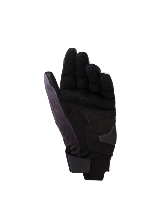 Alpinestars Reef Women's v2 Gloves, Women's Motorcycle Gloves, Gray Black Pink Fluo, palm side view featuring synthetic suede with padded reinforcements, short cuff with hook-and-loop closure, and conductive leather on index and thumb for touchscreen functionality