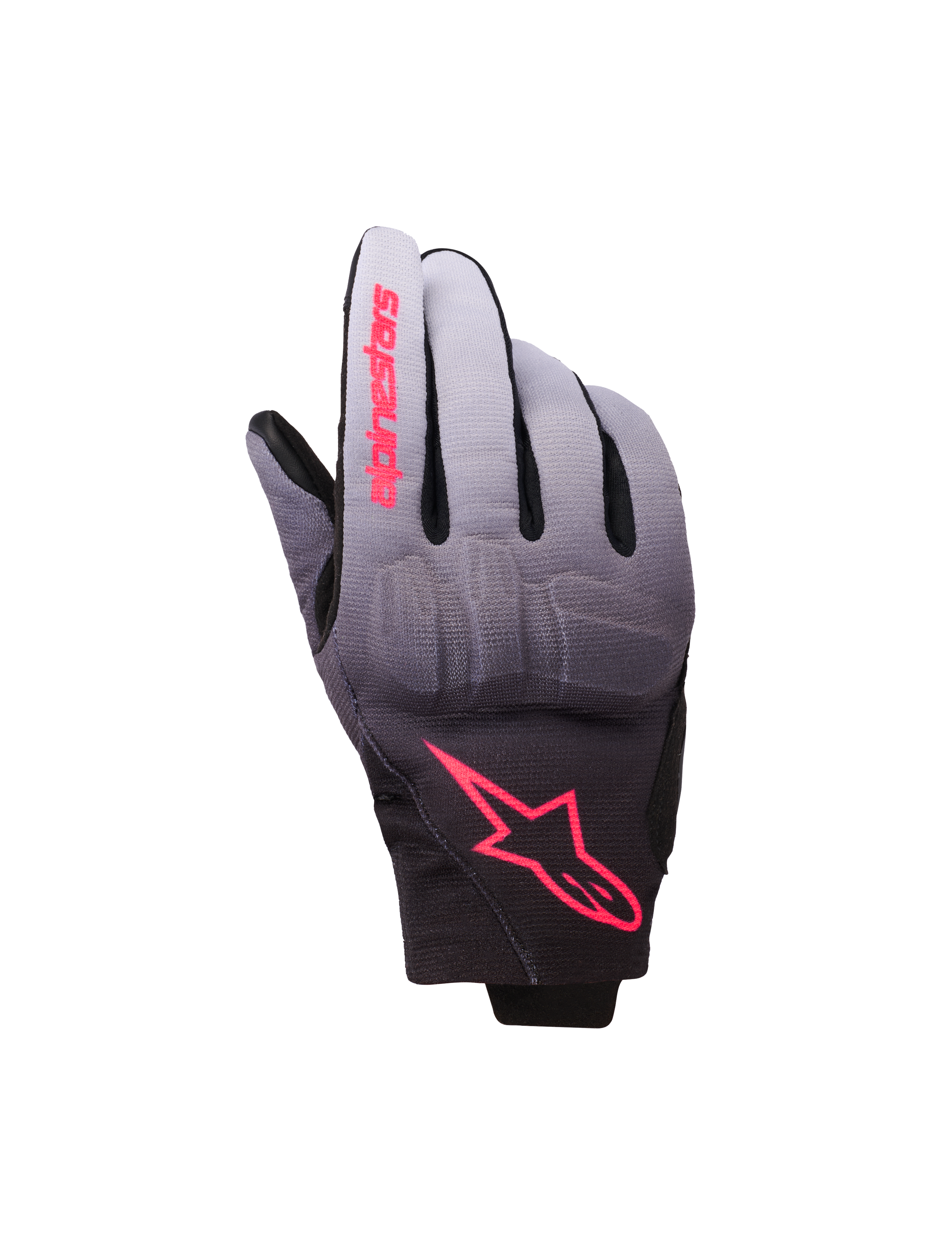 Alpinestars Reef Women's V2 Gloves, Motorcycle Gloves, Gray Black and Pink Fluo, gray to black gradient textile with pink logo accents, integrated knuckle protection and short cuff design, contemporary urban riding gear for women