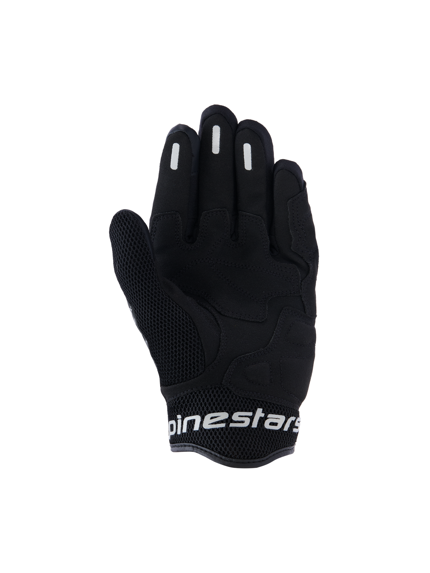 Alpinestars Stella Mogress Airflow Gloves, Women's Urban Motorcycle Gloves, Black, palm view featuring synthetic palm reinforcement, breathable 3D mesh on thumb and cuff, and white Alpinestars branding on the short cuff.