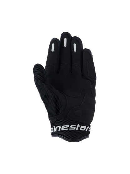 Alpinestars Stella Mogress Airflow Gloves, Women's Urban Motorcycle Gloves, Black, palm view featuring synthetic palm reinforcement, breathable 3D mesh on thumb and cuff, and white Alpinestars branding on the short cuff.