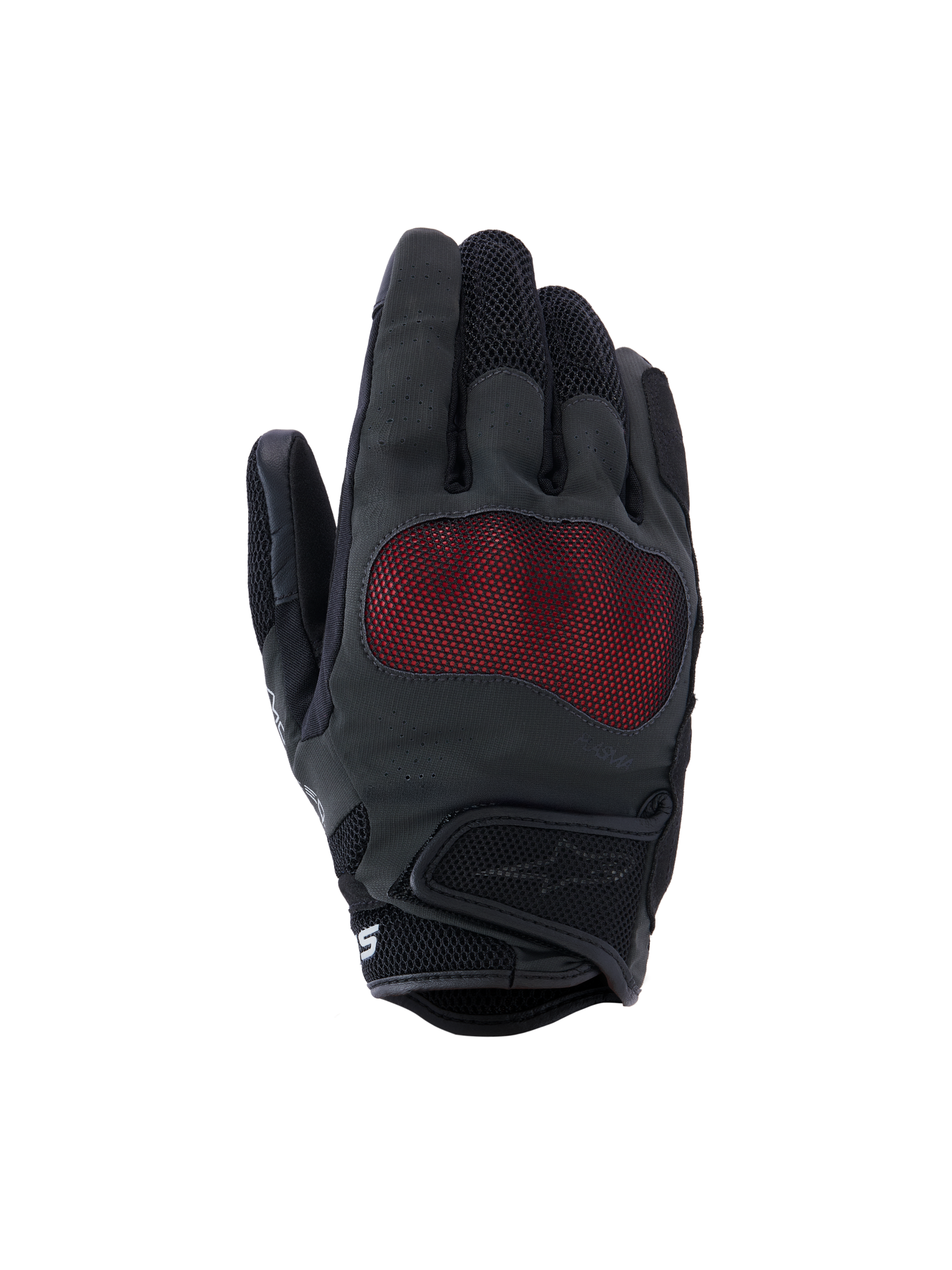 Alpinestars Stella Mogress Airflow Gloves, Women's Motorcycle Gloves, Anthracite Black and Red, features NUCLEON PLASMA knuckle protection with a red mesh overlay, laser-perforated backhand, 3D mesh inserts on fingers and cuff, short cuff with hook and loop closure, breathable urban riding design
