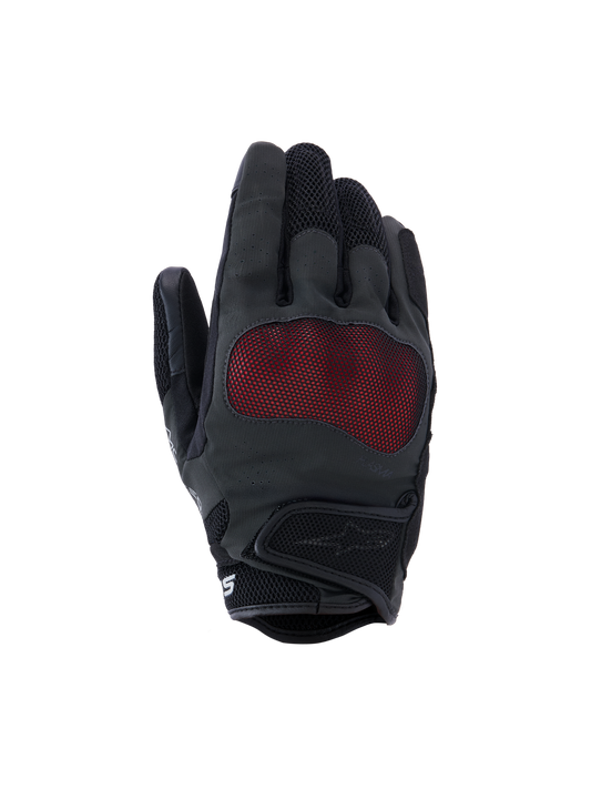 Alpinestars Stella Mogress Airflow Gloves, Women's Motorcycle Gloves, Anthracite Black and Red, features NUCLEON PLASMA knuckle protection with a red mesh overlay, laser-perforated backhand, 3D mesh inserts on fingers and cuff, short cuff with hook and loop closure, breathable urban riding design