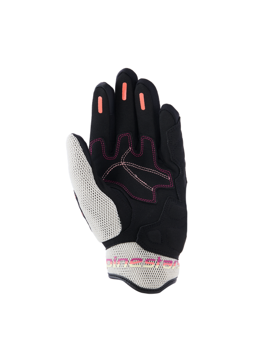 Alpinestars Woman Stella Mogress Airflow Gloves, Motorcycle Gloves, Black Ecru Fading Coral, palm side view showing white 3D mesh on thumb and cuff, coral silicone grip strips on fingers, and pink stitching accents