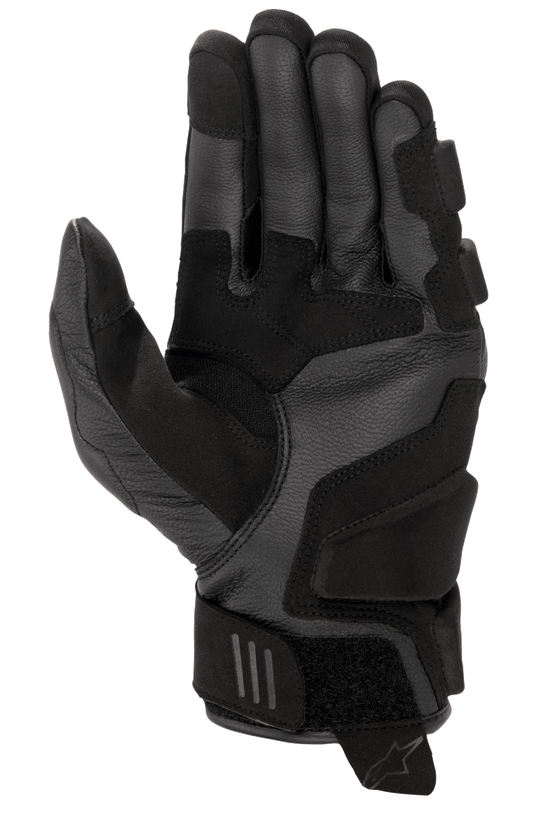 Alpinestars Women Stella Phenom Leather Air Glove, Black, palm view showing reinforced goat leather construction, padded landing zones, ergonomic stretch inserts, and velcro wrist strap with pull tab