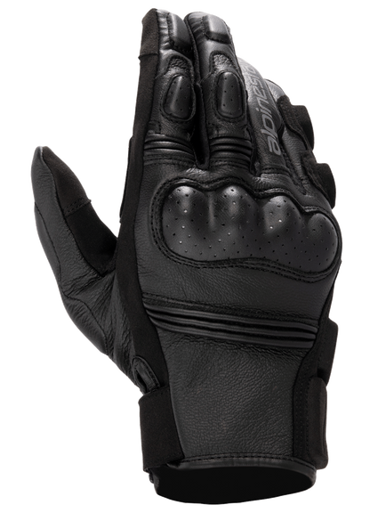 Alpinestars Stella Phenom Leather Air Glove, Women's Motorcycle Gloves, Black, backhand view highlighting hard perforated knuckle protection, padded finger joints, and premium leather texture.