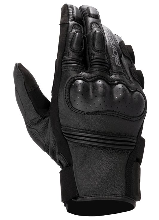 Alpinestars Stella Phenom Leather Air Glove, Women's Motorcycle Gloves, Black, backhand view highlighting hard perforated knuckle protection, padded finger joints, and premium leather texture.