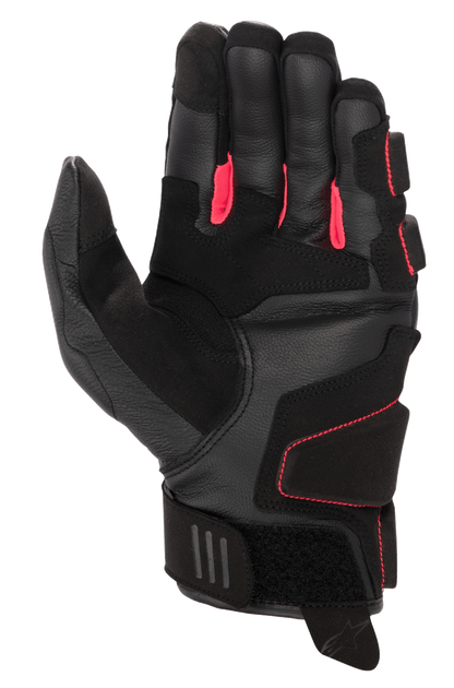 Alpinestars Women Stella Phenom Leather Air Glove, Motorcycle Gloves, Black and Diva Pink, palm side view featuring reinforced leather construction, bright pink finger gussets, and short cuff with adjustable velcro closure