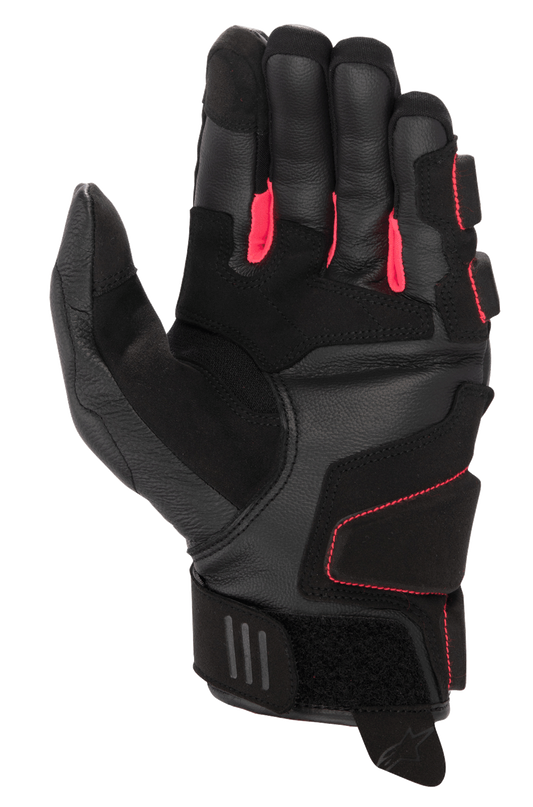 Alpinestars Women Stella Phenom Leather Air Glove, Motorcycle Gloves, Black and Diva Pink, palm side view featuring reinforced leather construction, bright pink finger gussets, and short cuff with adjustable velcro closure