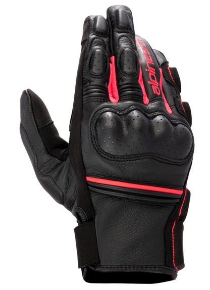 Alpinestars Stella Phenom Leather Air Glove, Women's Motorcycle Glove, Black and Diva Pink, hard knuckle protector, perforated leather construction, short cuff with Alpinestars branding, sport performance riding gear